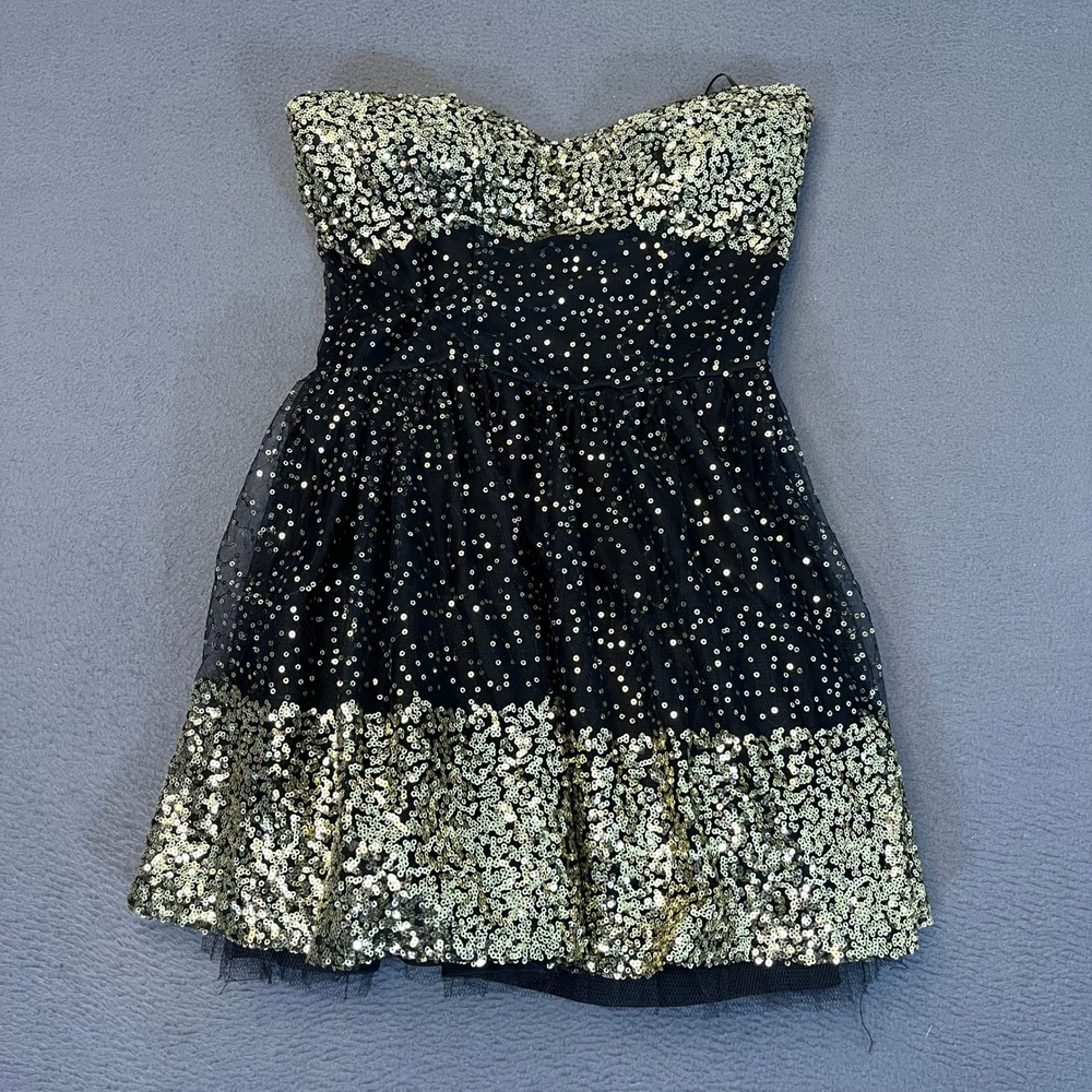Xtaren Black Gold Sequin Strapless Sweetheart Mini Dress Medium Stripe NYE Party